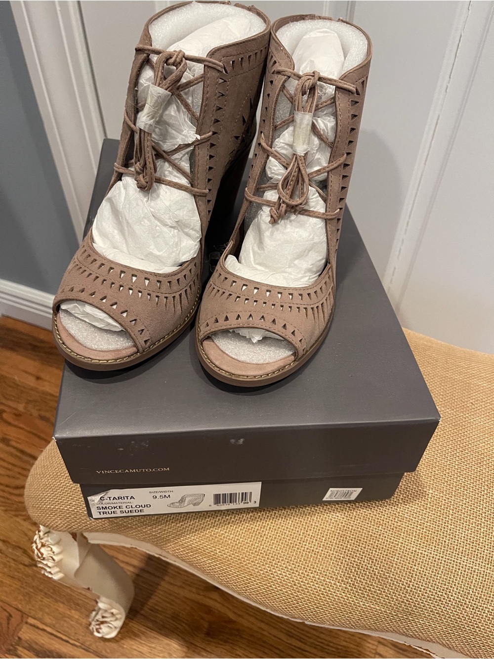 Vince Camuto Taupe Lace-Up Peep Toe Heeled Booties